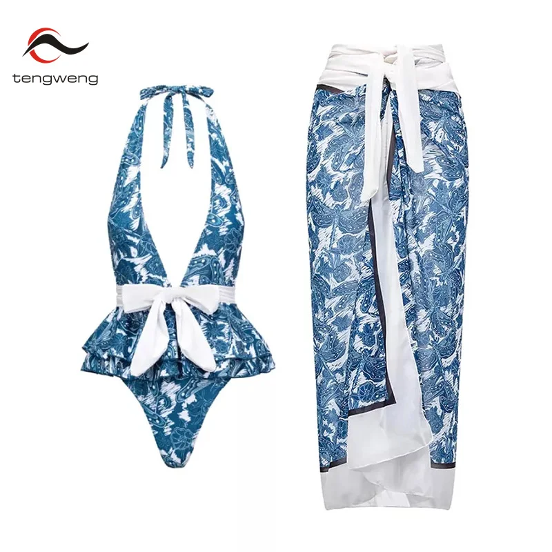 

Tengweng Ruffle One Piece Swimsuit Woman Cover Up Summer Deep V Print Swimwear Women Luxury Bikini Skirt Beachwear Dress 2023