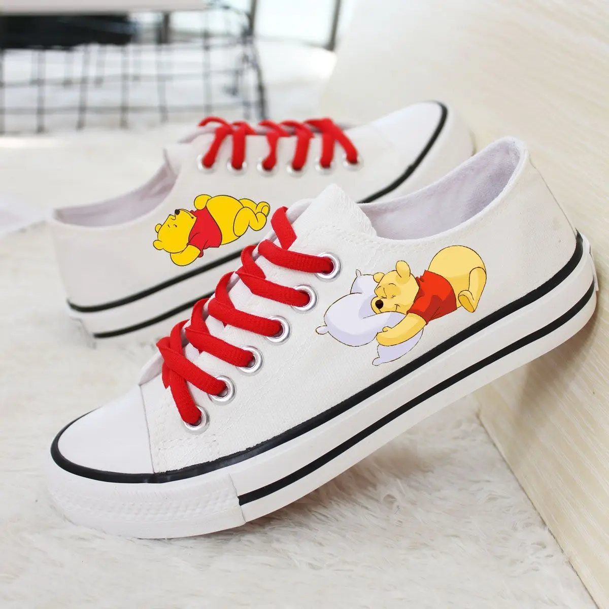 Disney New Winnie The Pooh Cartoon Casual Low-top Women's Shoes Men's Shoes Couple's White Shoes Flat Hand-painted Canvas Shoes
