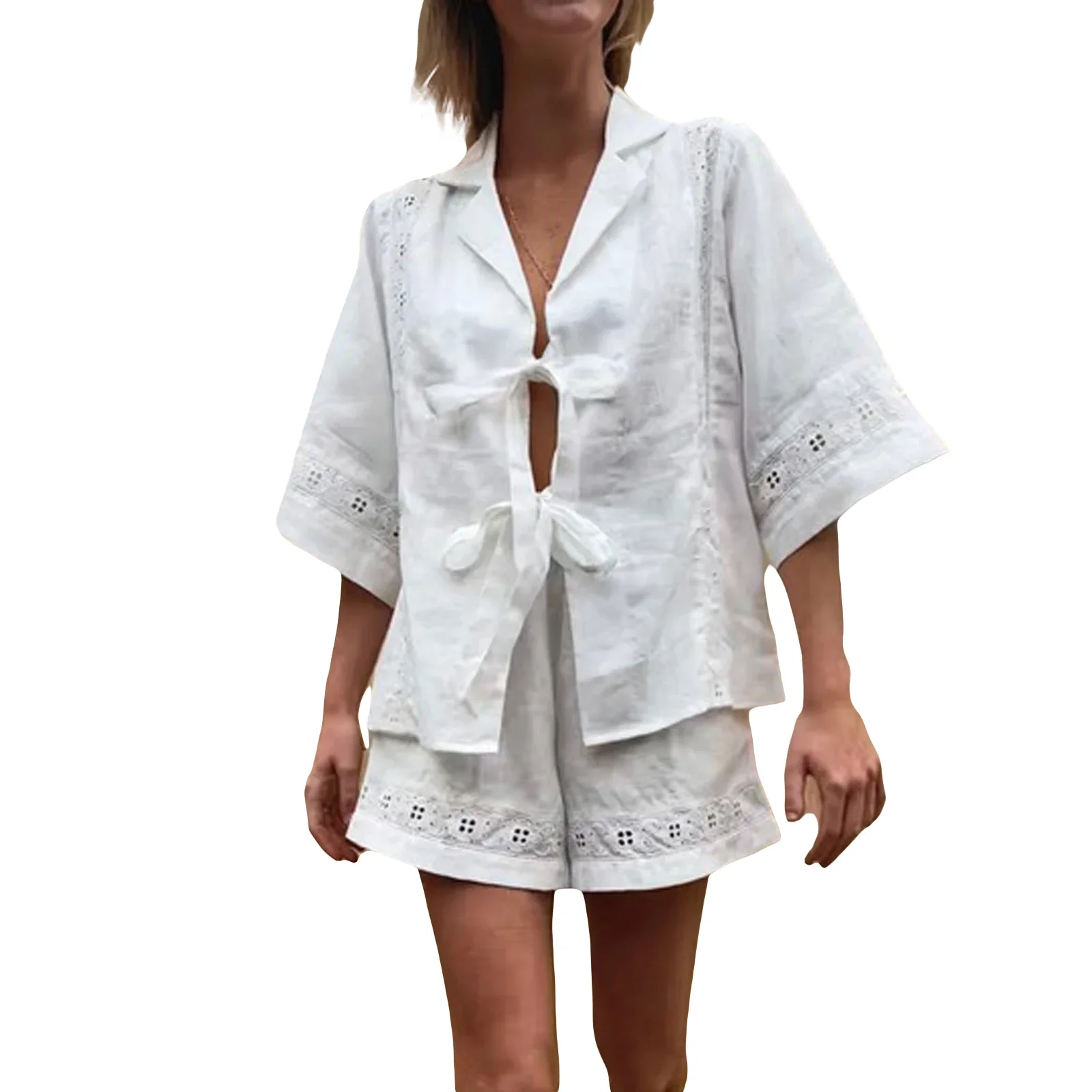 Женская повседневная рубашка из двух предметов с рукавами 3/4 завязанным узлом