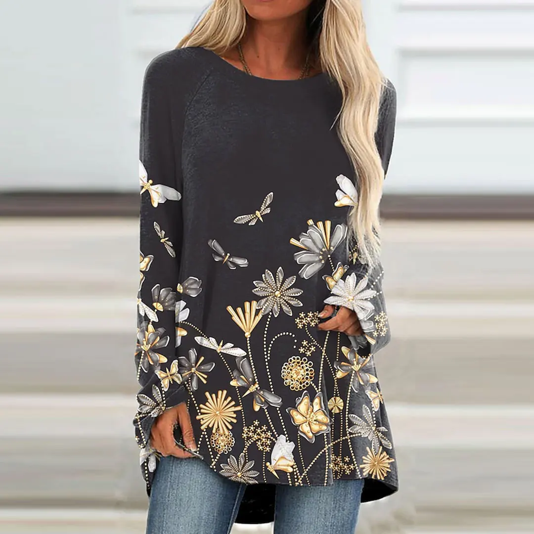 

2023 Autumn New Women's Long Sleeve T-shirt 3D Plant Printed Women's Top Y2K Irregular Personalized Women's Autumn Wear