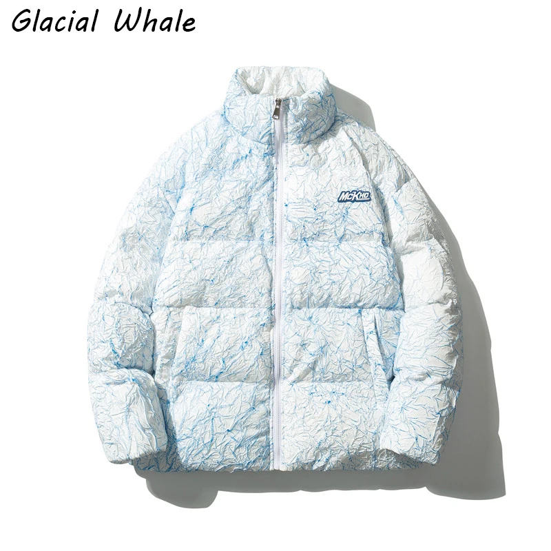 GlacialWhale Winter Gradient Down Jacket Men Doodle Jacket Hooded Windproof Coat Streetwear Waterproof Hip Hop Jacket For Men