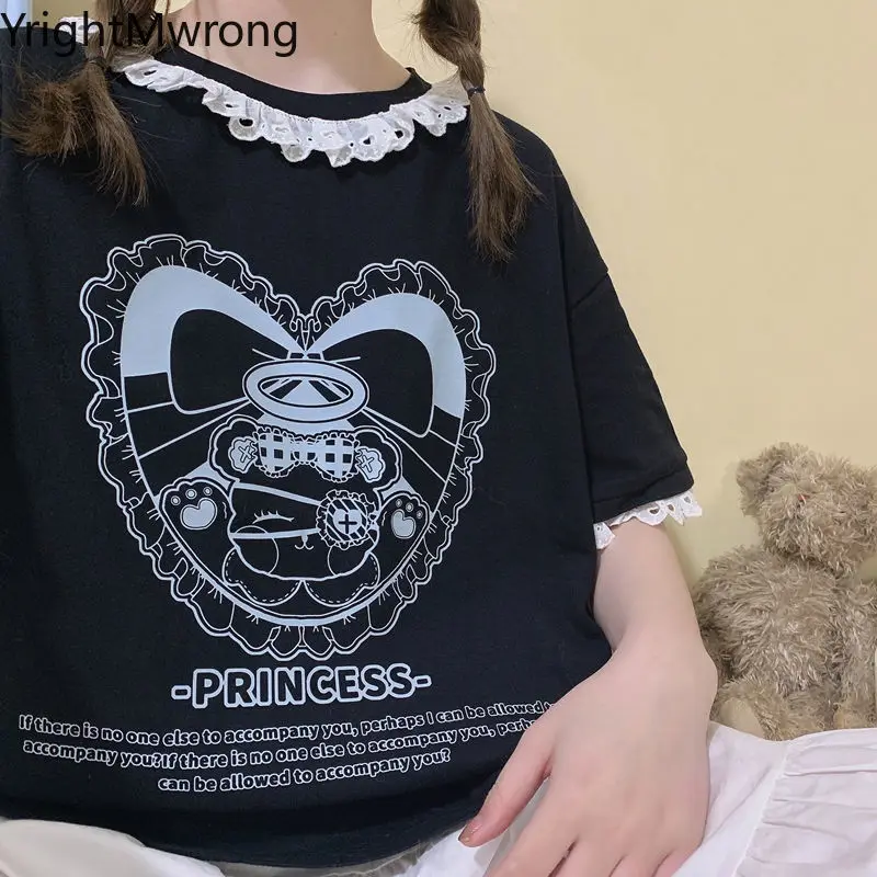 

Кружевная футболка с рюшами на воротнике, милая мультяшная футболка с любовным сердцем, кавайная одежда, футболка, униформа для студентов и подростков Jk Lolita, Корейская графика y2k
