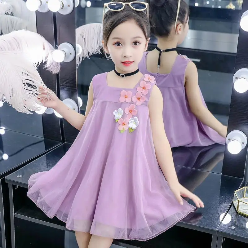 

2022 Summer Girl Party Dress Mesh Sleeveless Kids Dresses for Girls Clothes Children Flower Princess Dress