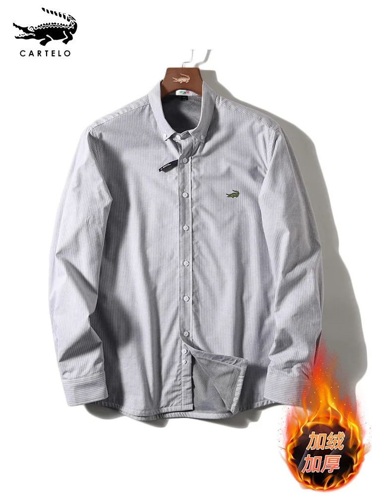 

Cartelo Crocodile Warm Shirt Plus Velvet Thickened High-quality Long-sleeved Striped Jacket Business Casual Shirt Winter Outdoor