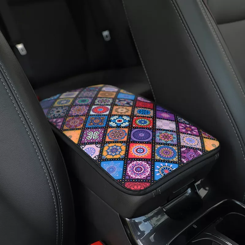 

Armrest Cover Mat Universal Leather Ethnic Style Print Waterproof Non-slip Storage Box Pad Auto Styling Interior Accessories