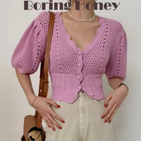 boring honey korean style chic v neck single breasted cardigan women%e2%80%99s clothes puff sleeve hollow out knitted collect waist tops