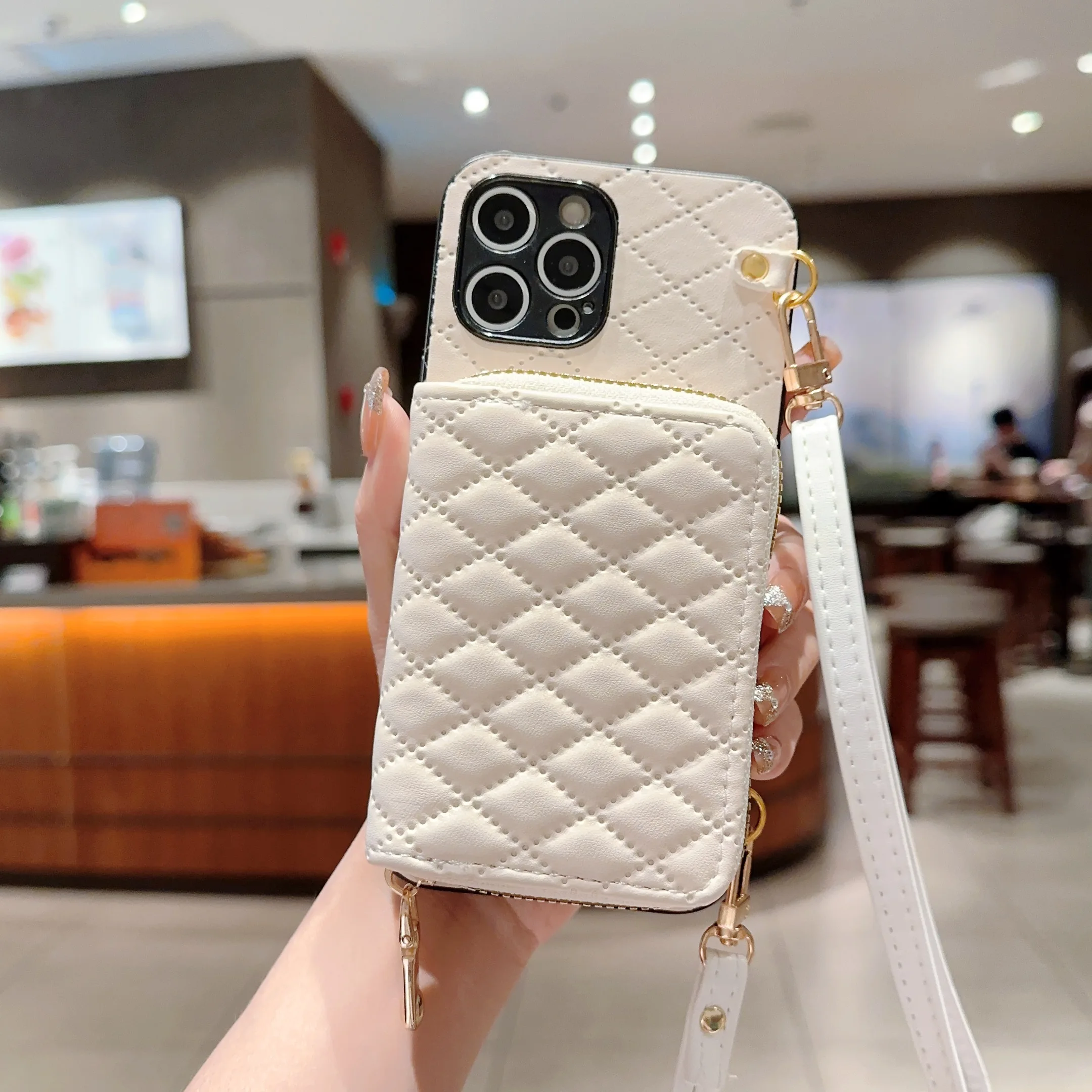 

Rhomboid Lattice Leather Card Bag Crossbody Lanyard Phone Case For iPhone 14 13 12 11 Pro Plus Max Mini X XS XR 7 8 6 6S Strap