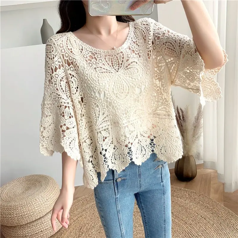 

Elegant Solid Color Loose Ruffles Hollow Out Blouse Female Clothing 2023 Summer New Casual Pullovers Korean Flare Sleeve Shirt