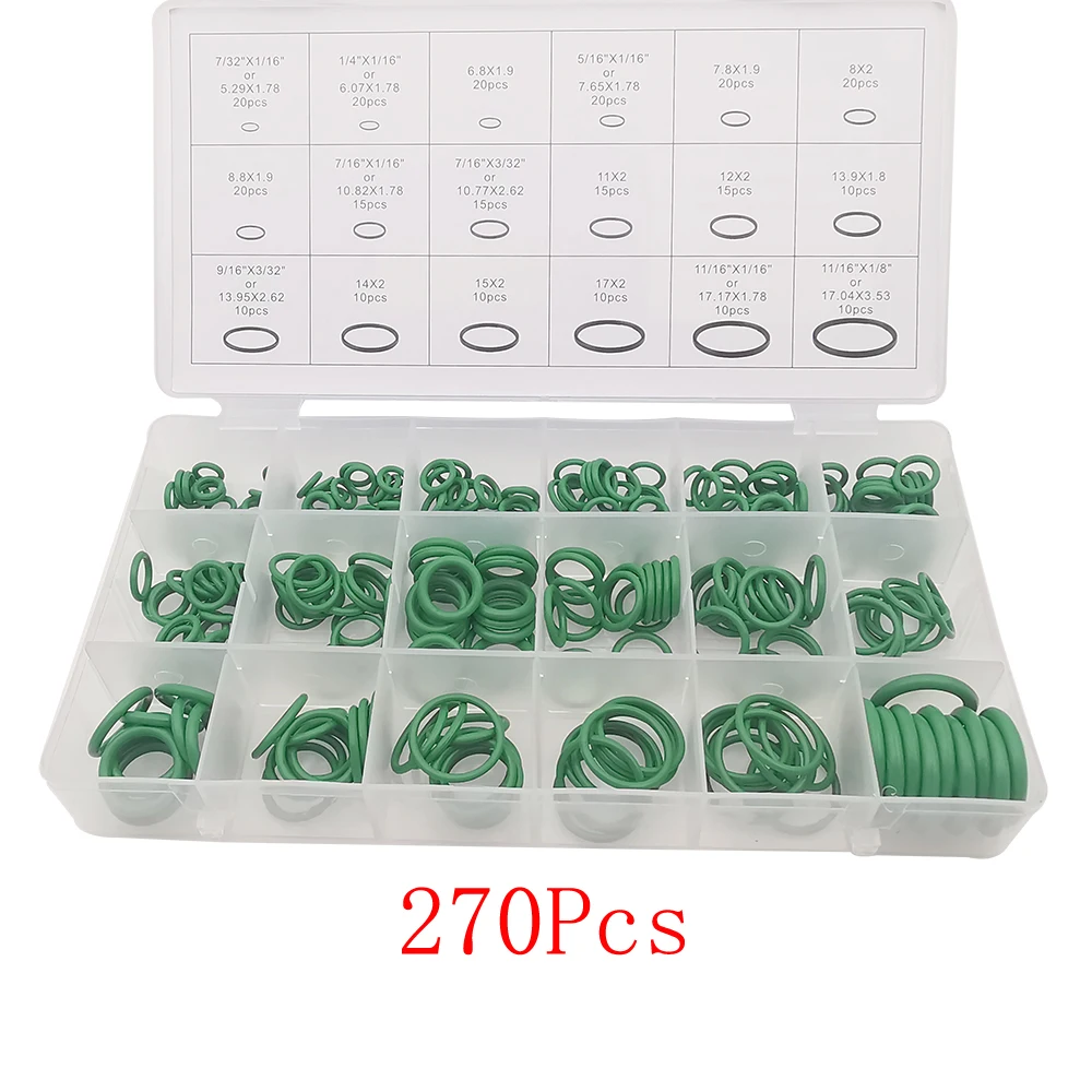 270Pcs/Box Rubber O Ring Assortment Kits Green 18 Sizes Sealing Gasket Washers O-rings for Car Auto Repair Pipe Equipment