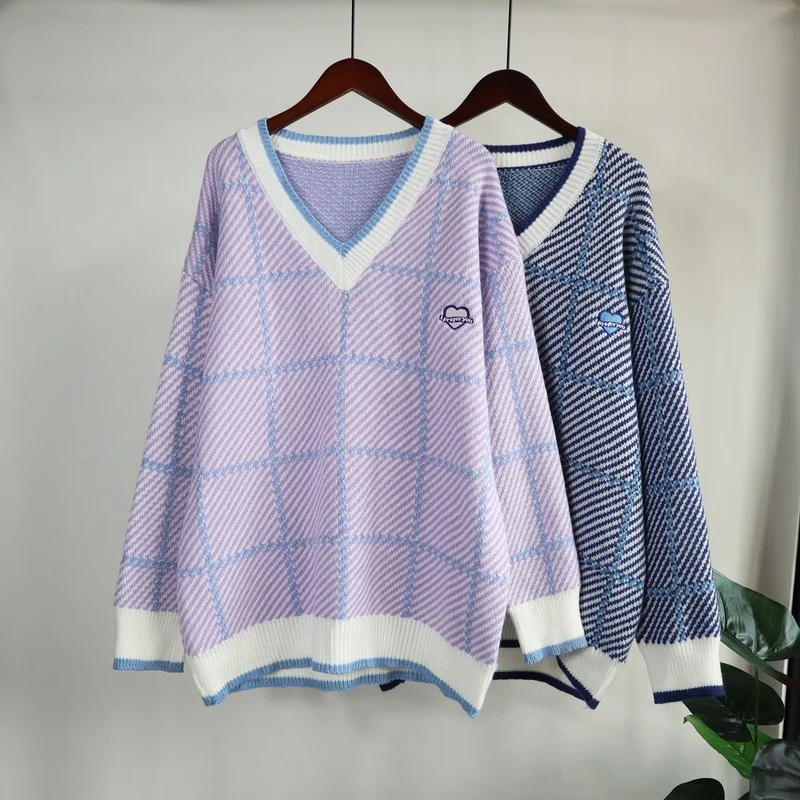

2021 Autumn and Winter New Plaid Sweater Pullover Women's Korean-Style Loose All-Matching Sweater Top Fashion