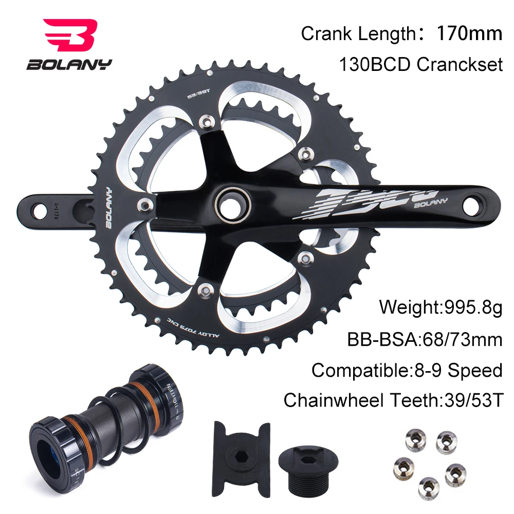 BOLANY Road Bike Crankset Hollow One-Piece Double-Piece 130BCD 39/53T 8 9 Speed 170mm 115mm Bicycle Crank Cycling Accessories