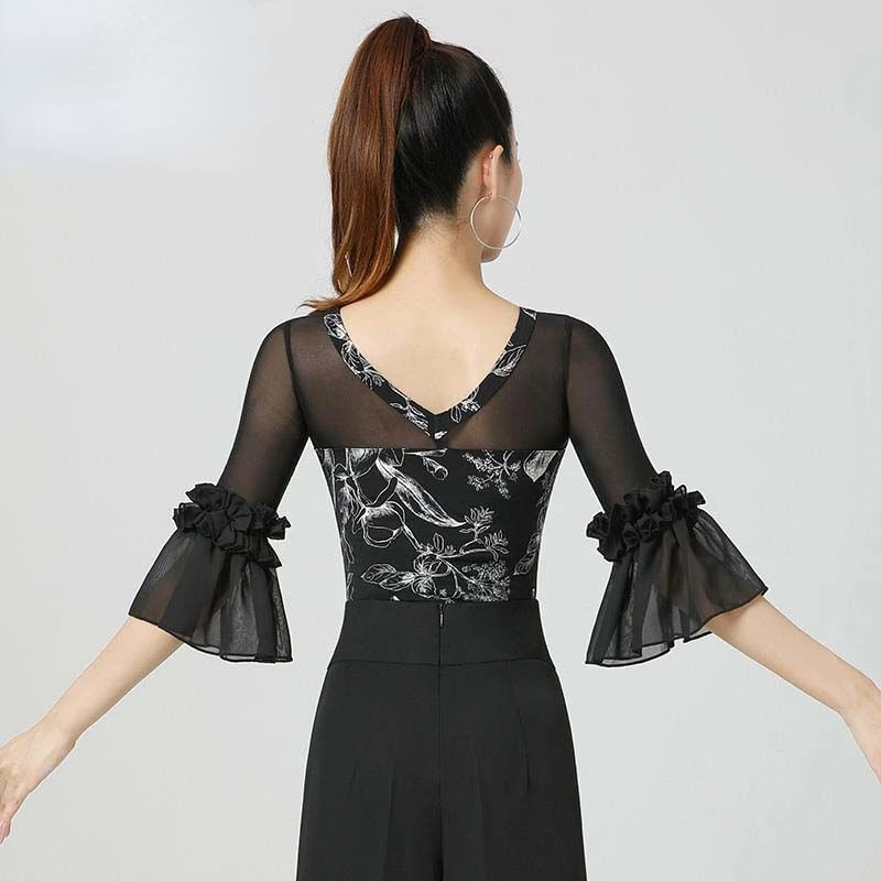 

Топ для современных танцев, Женский Топ с открытой спиной и рукавом-трубой для латиноамериканских танцев, одежда для бальных танцев