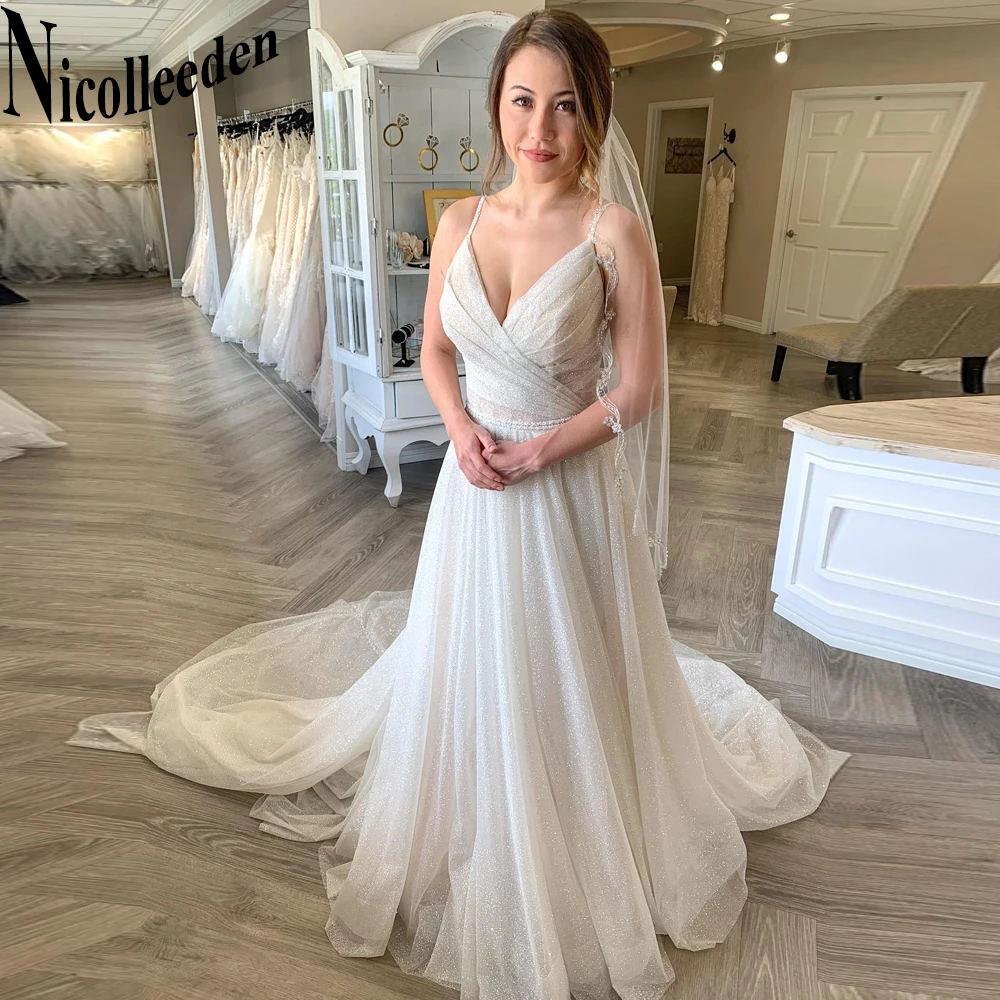 

Nicolle Sparkly Wedding Dress Women 2023 Aline Glitter Tulle V-Neck Spaghetti Strap Gown Robe De Soirée De Mariage Customise