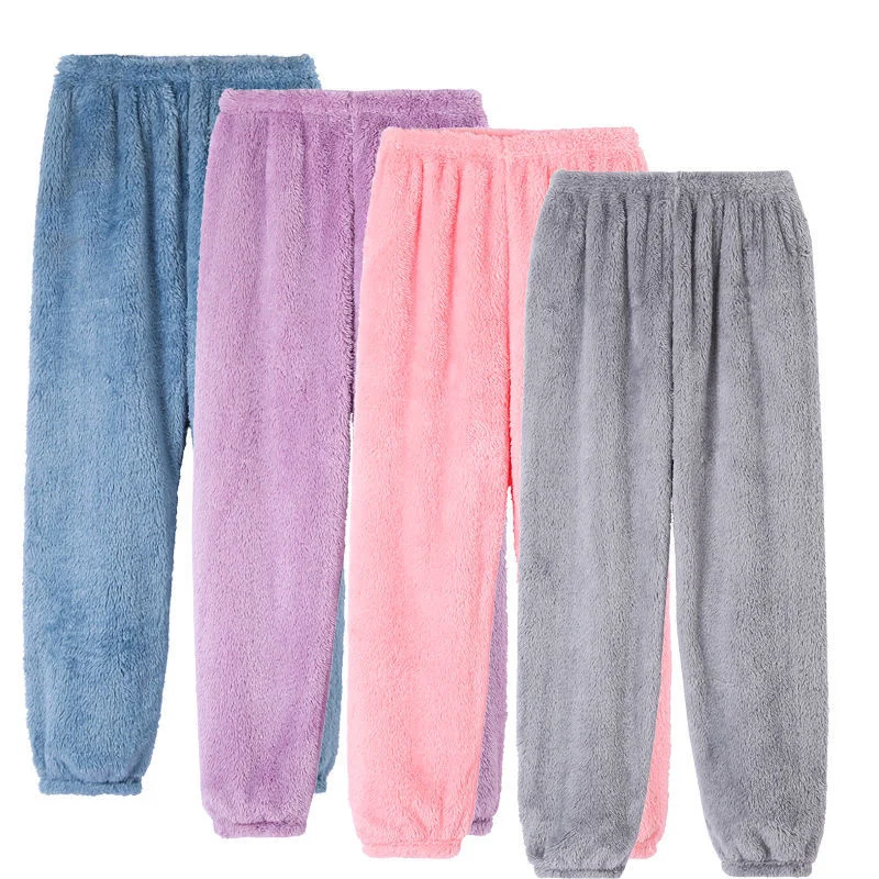 

Sleep-pants Couples Winter Women's Plush Pajama Pants Warm Home Pants Loose Comfortable Elastic Waist Solid Flannel Sleep Bottom