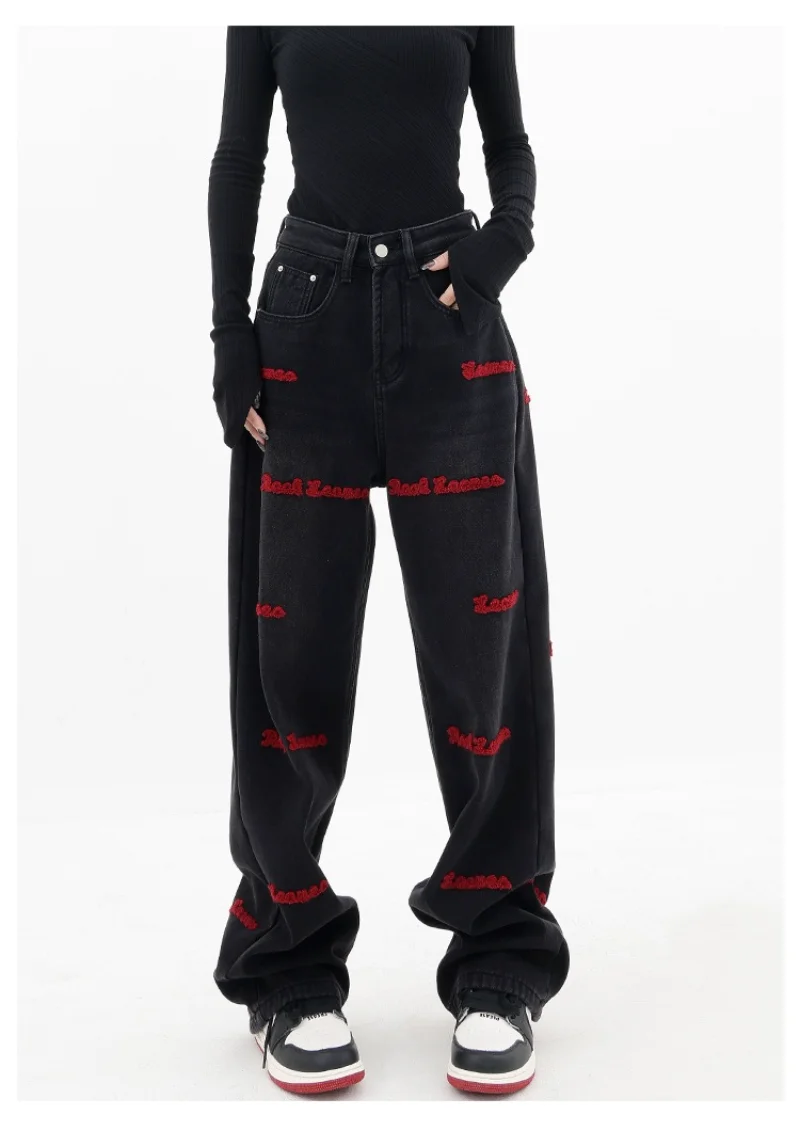 2022 Trend Trousers Streetwear Letter Embroidery Jeans Woman High Waist Y2k Straight Baggy Pants Korean Fashion Women's Jeans