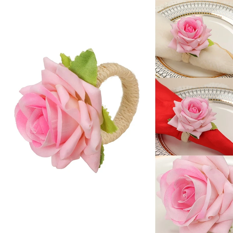 

Handmade Flower Napkin Rings Faux Pink Rose Napkin Ring Serviette Buckles Holder For Table Decoration, Wedding