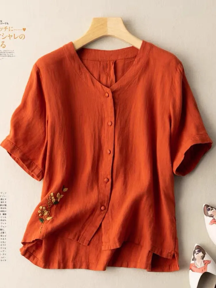 Рубашка женская хлопково-льняная с цветочной вышивкой повседневный Свободный