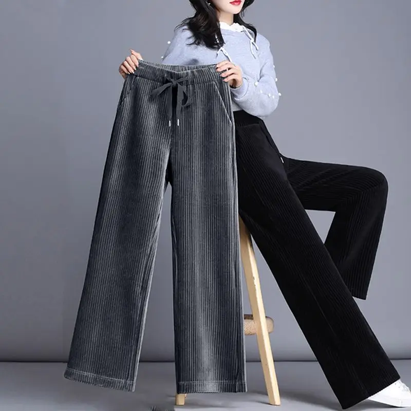 

QNPQYX Elegant Fashion Solid Corduroy Pants Women's Autumn Winter New Pocket Elastic High Waist Thin Thick Casual Wide Leg Pants