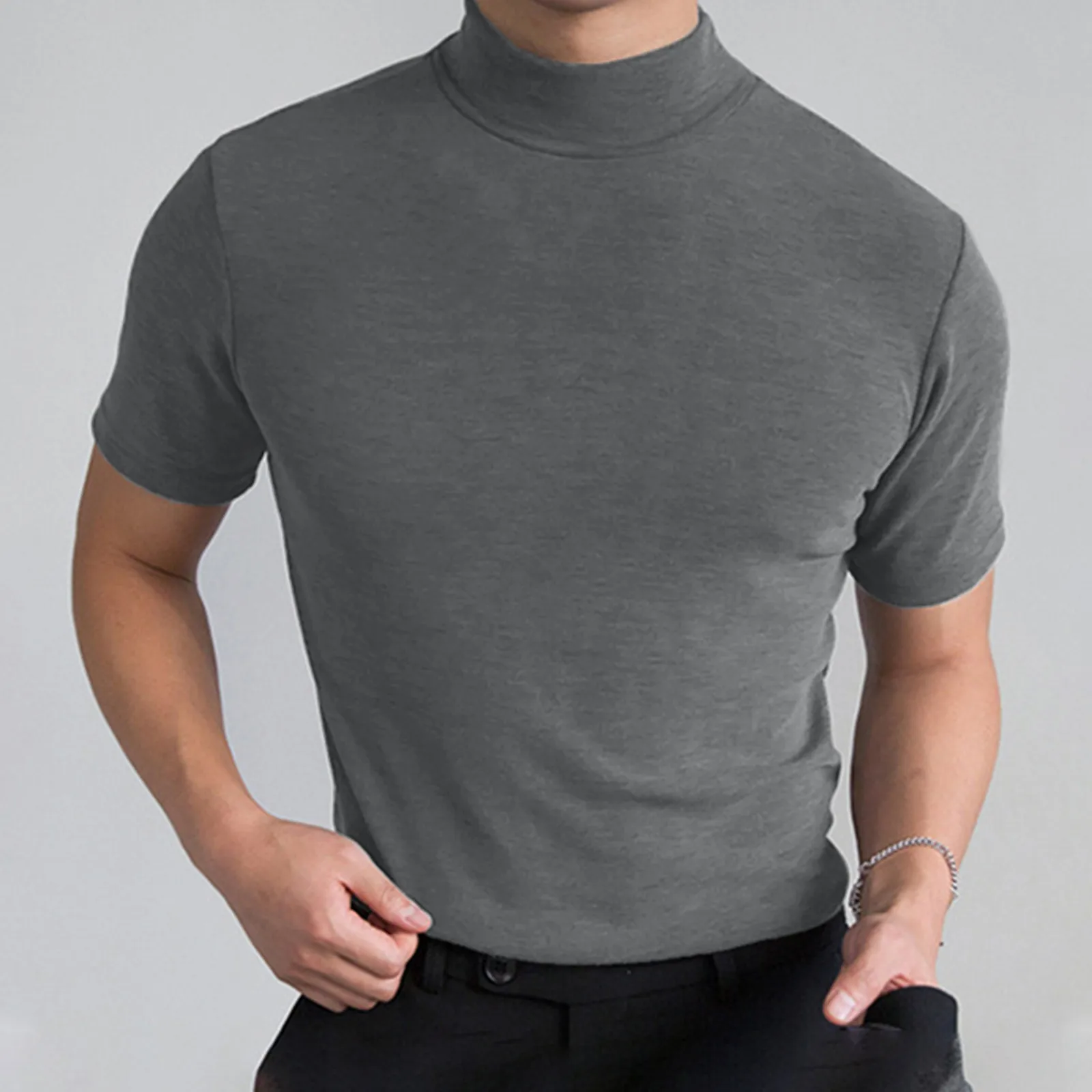

B148028 Men Thin T Shirt Solid Color High Collar Turtleneck Short Sleeve Streetwear Fitness Casual Men Clothing 2022 Leisure