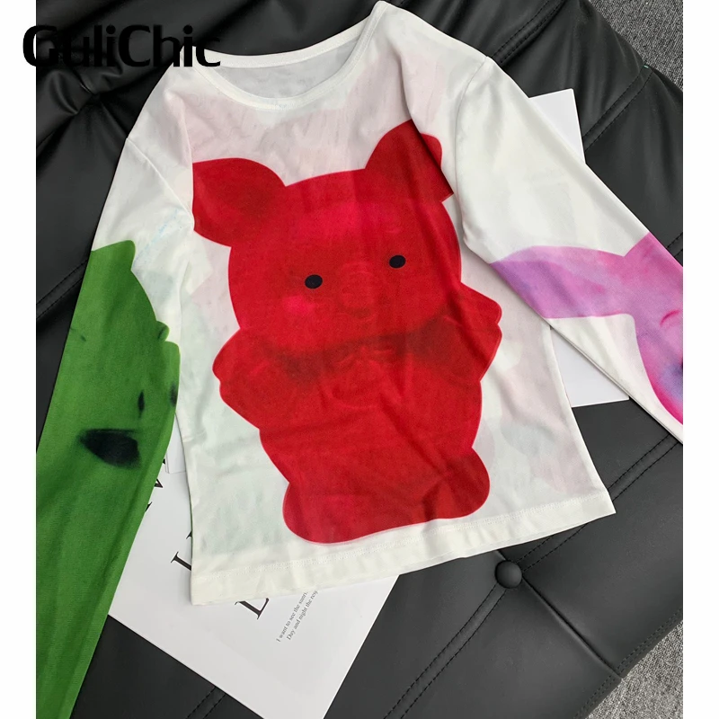 

6.15 GuliChic Women Summer Cartoon Piggy Print Round Neck Long Sleeve Double Layer Mesh T-Shirt