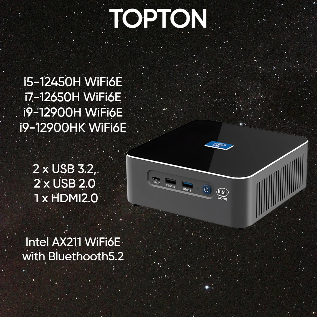 

Topton Mini Desktop Computer Intel Core i9 12900HK i7 1280P 14 Core 20 Threads Iris Xe Graphics G7 Windows 11 Pro AX211 WiFi6