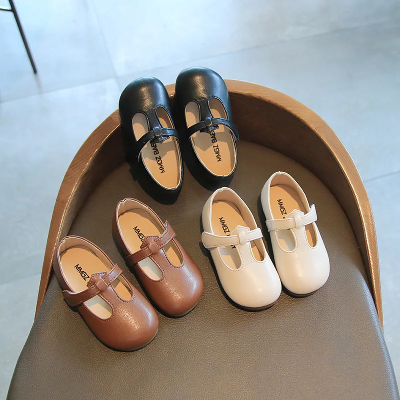 

Baby Girls Black School Shoes 2022 Autumn Children Fashion Soft Hook & Loop Shallow Simple Boys Flat PU Performance Shoes