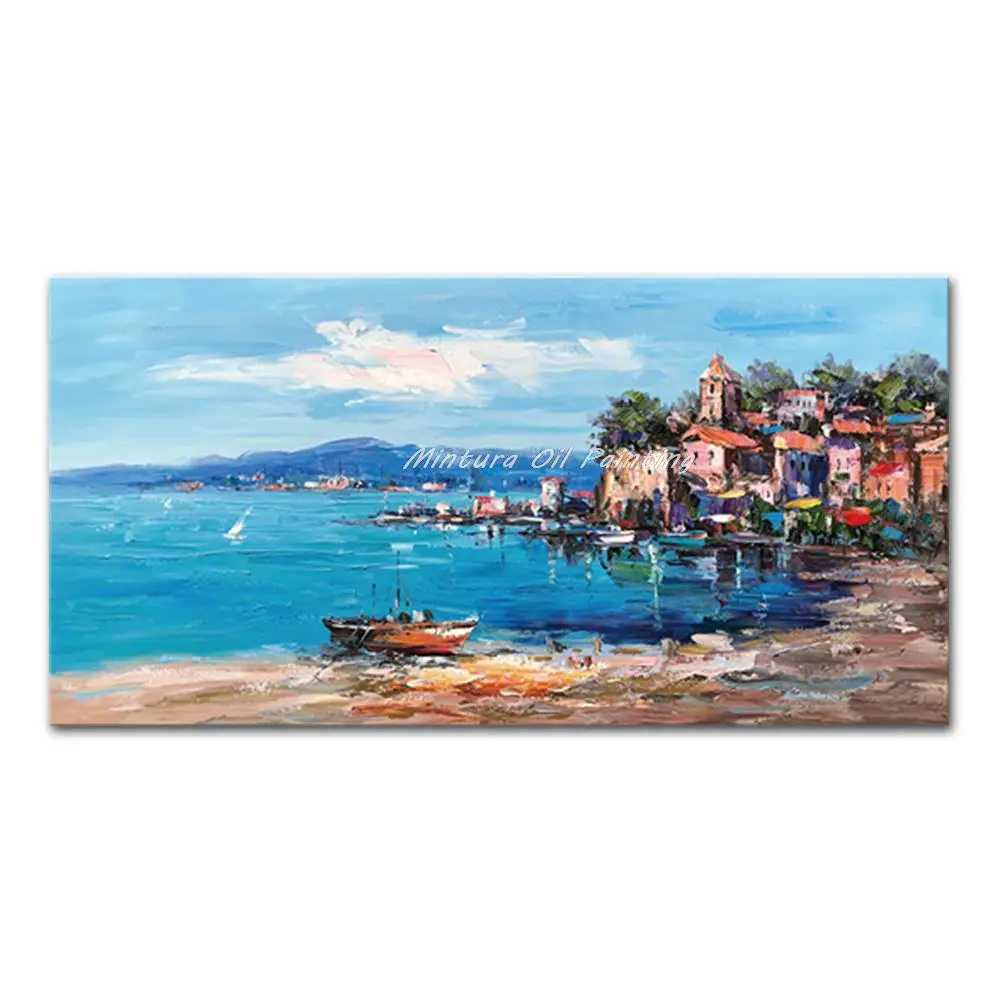 

Mintura,Large Size Handmade Artwork Handpainted Oil Painting on Canva The Beautiful Seaside Town Modern Home Decoration Wall Art