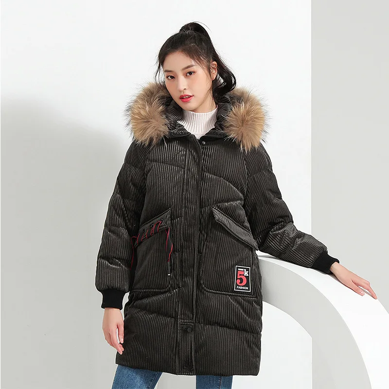 

Down Jacket Women 2022 Winter Mid-Long Hooded Real Raccoon Fur Collar Parker Thickened Corduroy Sport White Duck Down Warm Coat