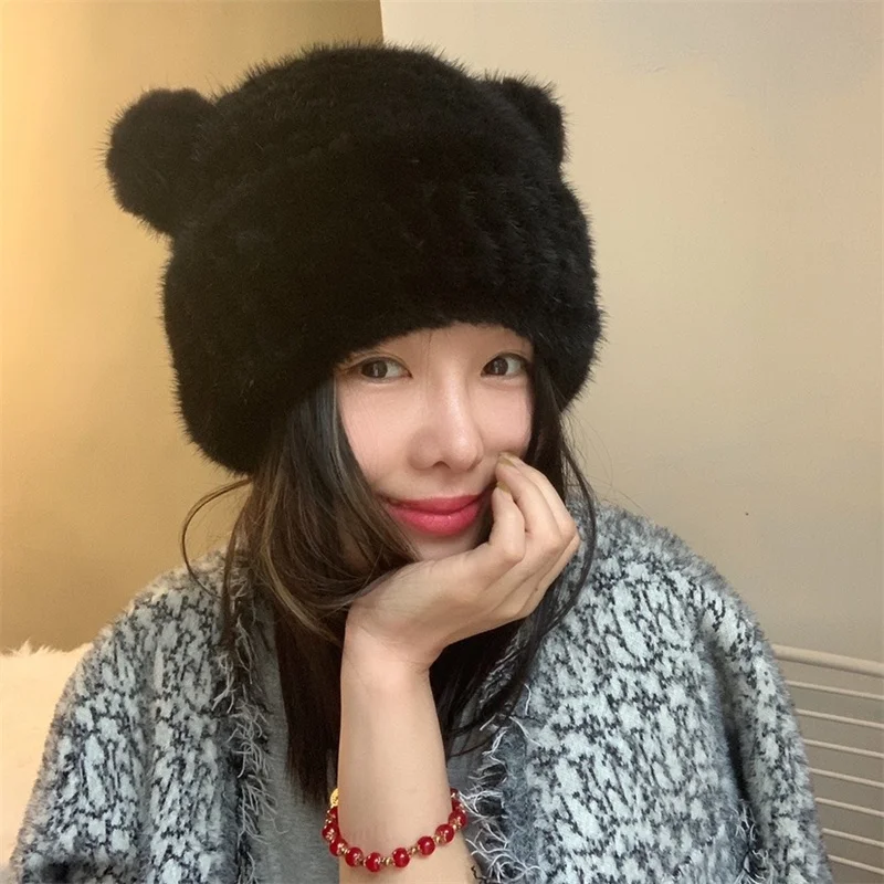 Winter Versatile Warm Fur Hat High-quality Mink Fur Woven Fur Hat Cute Bear Ear Decoration New Fashionable Plush Hat