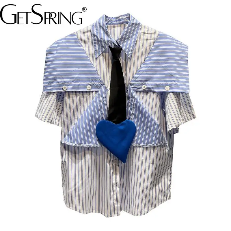 

GetSpring женская блузка пэчворк полосатая с коротким рукавом Длинная женская рубашка Асимметричные модные Универсальные летние топы 2022 новое ...