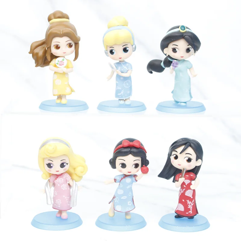 

6Pcs/Set Anime Disney Princess Snow White Mulan Jasmine Bella Rapunzel Cheongsam Chinoiserie Action Figure Model Toys Doll Gifts