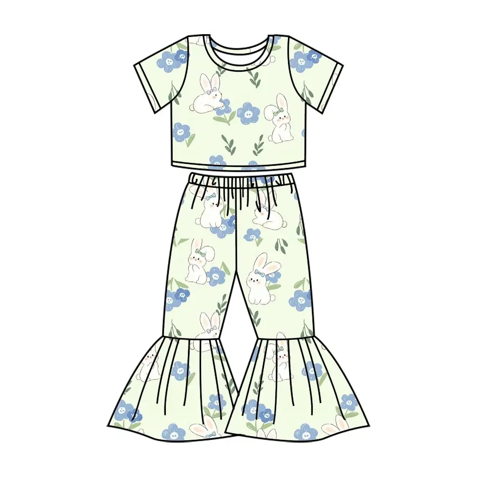 

New Children's Easter Suit Green Series Rabbit Flower Print Baby Girl Short Sleeve Bell Pants Suit Wholesale