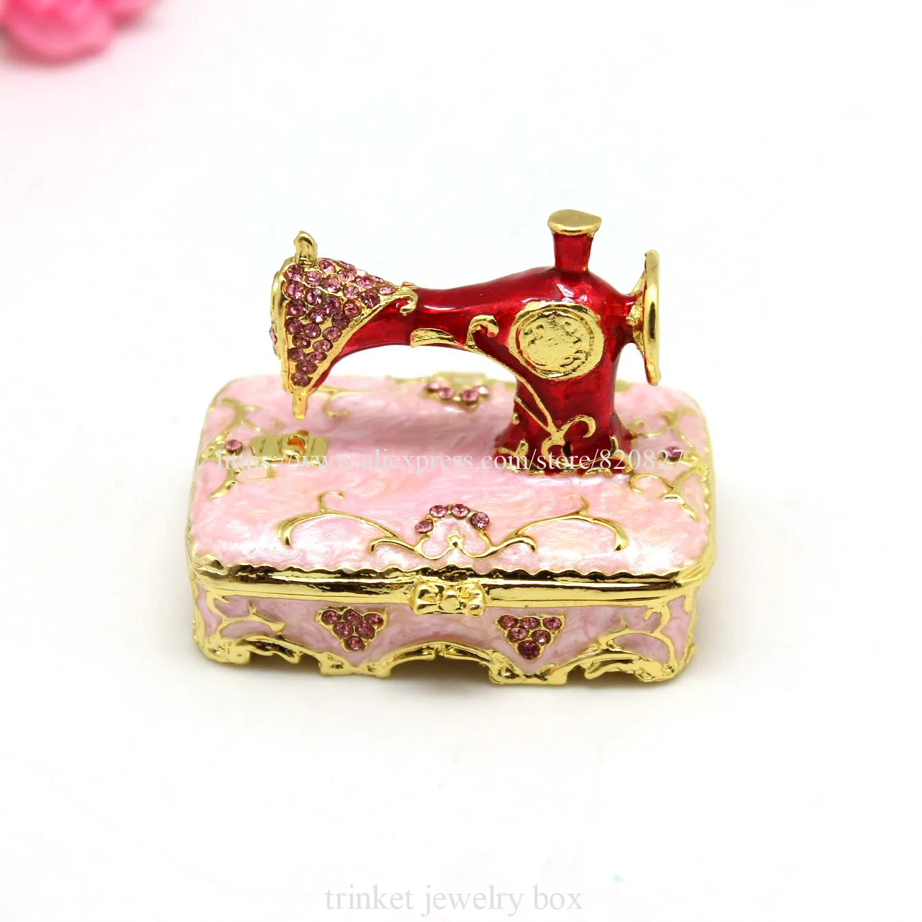 Old Sewing Machine Style Pink Mini Jewelry Trinket box