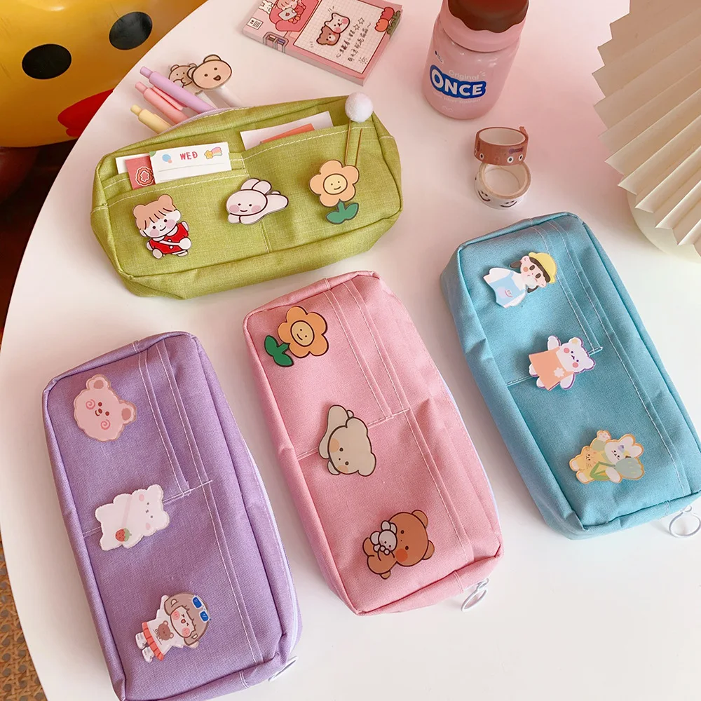 

New Kawaii Canvas Pencil Case Cute Animal Badge Pink Pencilcases Large School Pencil Bags for Maiden Girl Stationery Supplies
