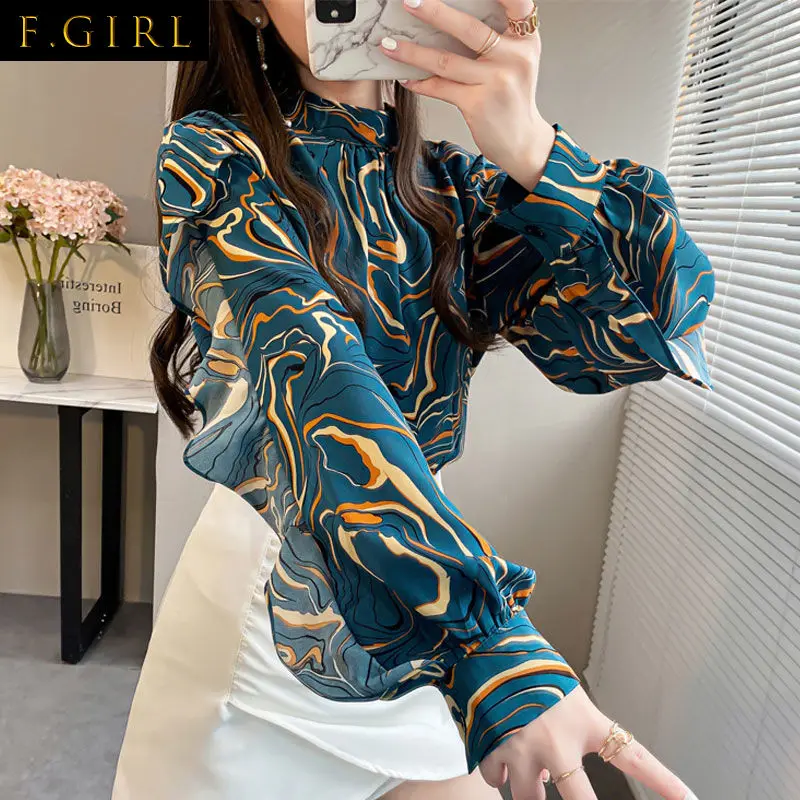 Elegant Stand Collar Printed Ruffles Lantern Sleeve Loose Chiffon Shirt Plus Size Long Sleeve Commute Women's Clothing Blouse