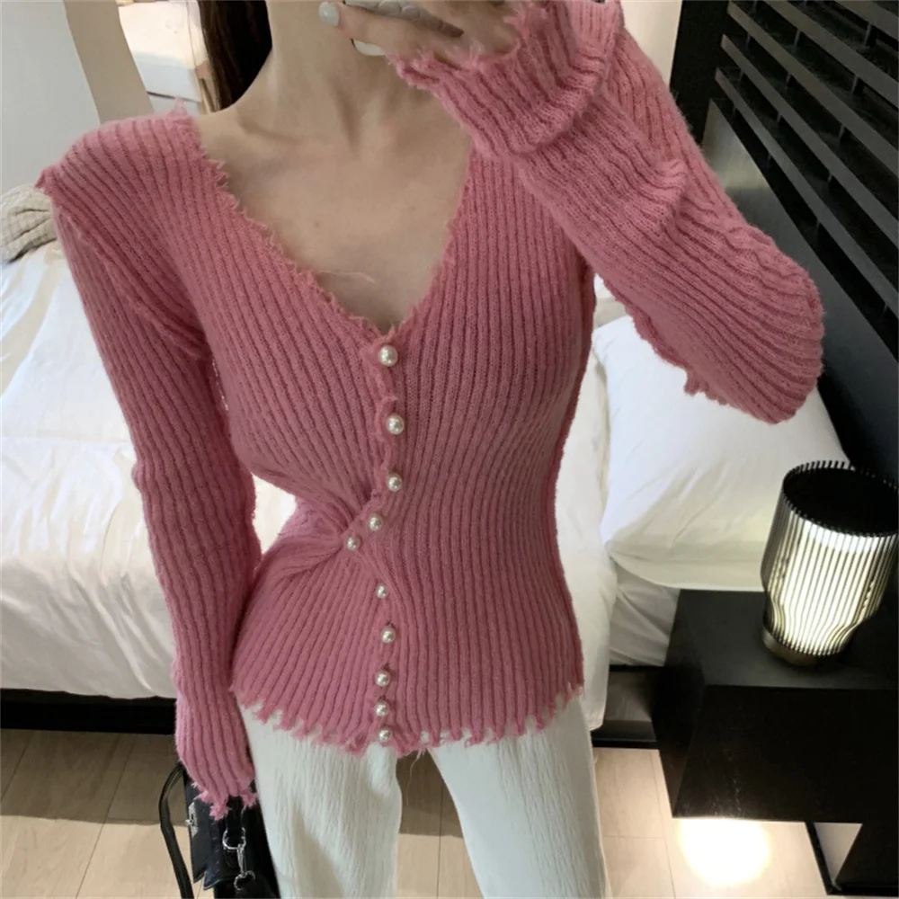 

HziriP Slim Knitted V-Neck Sweaters Hot Sale Winter Bottoming Women 2022 Cardigans Chic Office Lady Full Sleeve New All Match