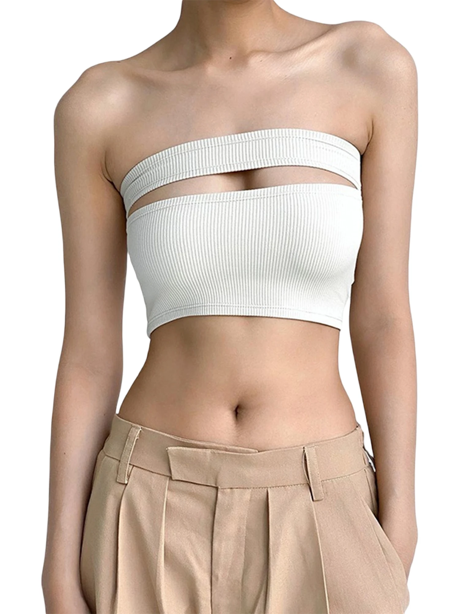 

Geogenry Women Elastic Cutout Bandeau Summer Casual Strapless Off-Shoulder Crop Tops Streetwear Club Wear White Small
