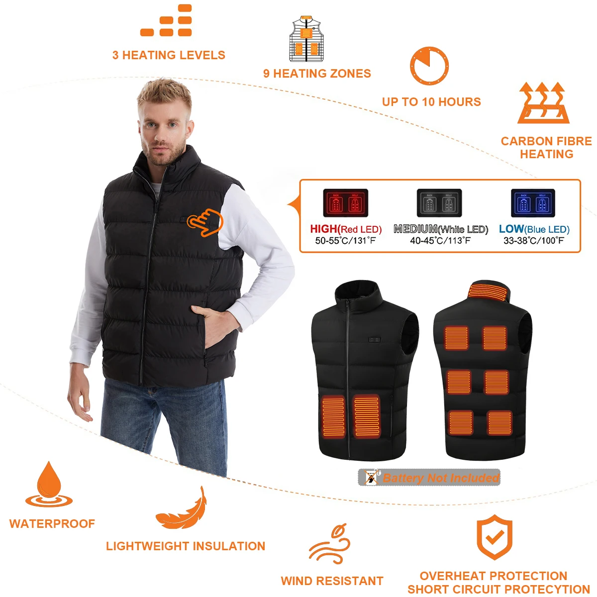 Мужской жилет с подогревом зимний теплый уличный USB и 9 нагревательными