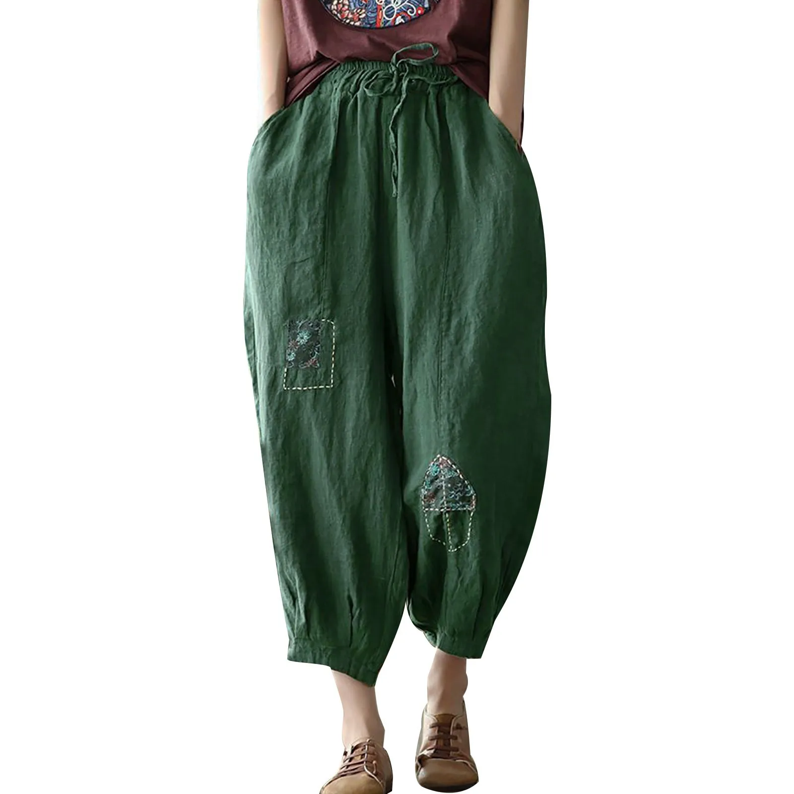 

Womens Wide Leg Drawstring Pants Women's Vintage Ethnic Style Embroidered Cotton Linen Pants With Elastic Teacher Work Clothes