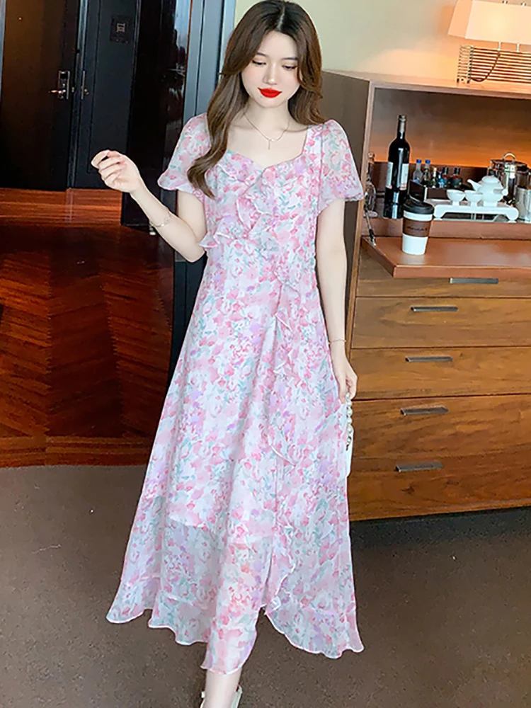 

Женское шифоновое платье с коротким рукавом, розовое элегантное пляжное платье миди с квадратным вырезом и оборками в Корейском стиле, лето 2023