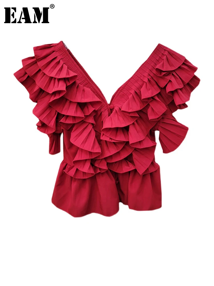 

[EAM] женские красные оранжевые элегантные топы на бретелях с оборками, новые модные топы без рукавов с v-образным вырезом, весна-лето 2022 1DE9277