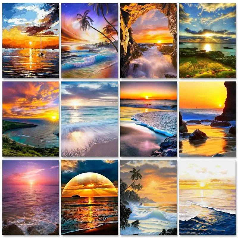 

New Oil Painting By Numbers Sunset At The Seaside Scenery DIY Handpainted Art Wall Bedroom Living Room Home Decor Kill Time Gift