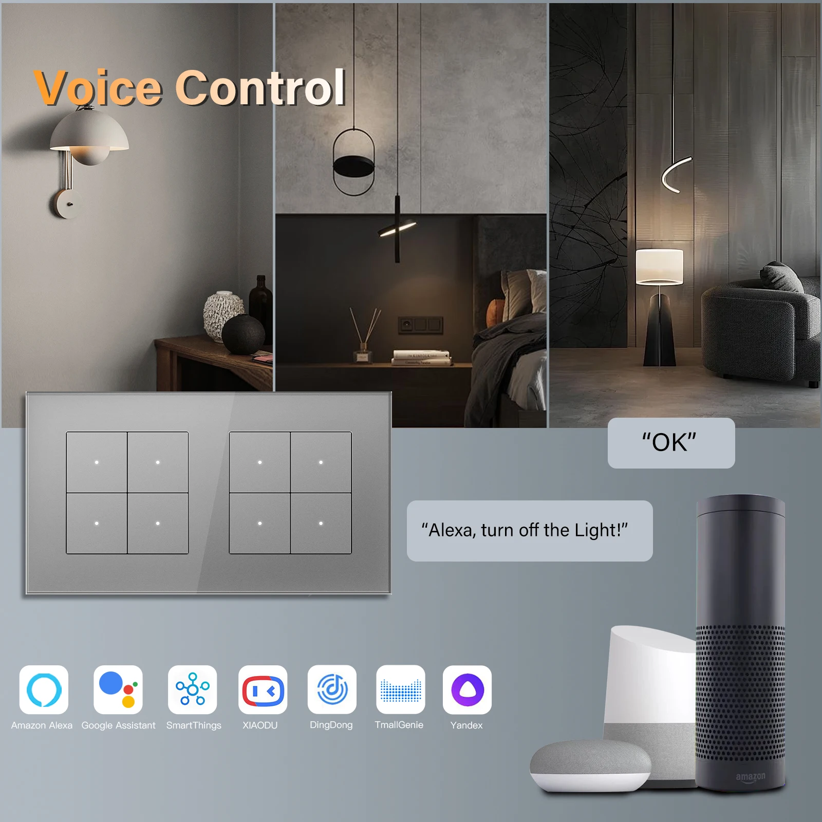 BSEED WIFI Click Switches Series 1234Gang Настенные умные выключатели света Желтая подсветка Стеклянная рамка для Tuya APP Стандарт ЕС (art.: 3920ccccb57be) - 3920ccccb57be
