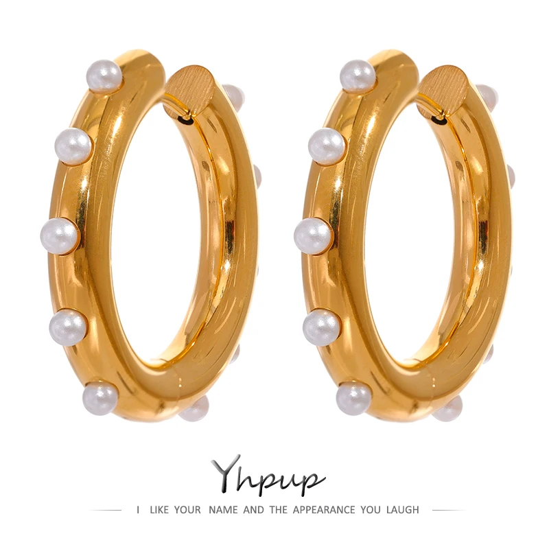 Yhpup Imitation Pearls Round Huggie Earrings Stainless Steel Metal Unusual Elegant Earrings украшения 2022 бижутерия Gala Gift