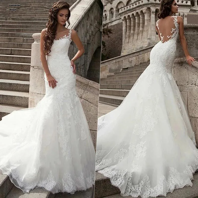 

Lace Appliques Wedding Dresses Sexy Mermaid Vestidos De Novia Sleeveless Robe De Mariée Engagement Custom-Made