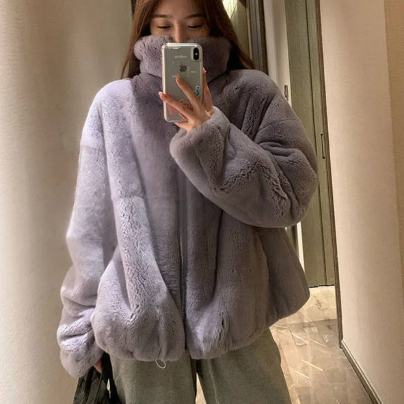 Женская зимняя куртка-бомбер из искусственного меха кролика Рекс Свободное