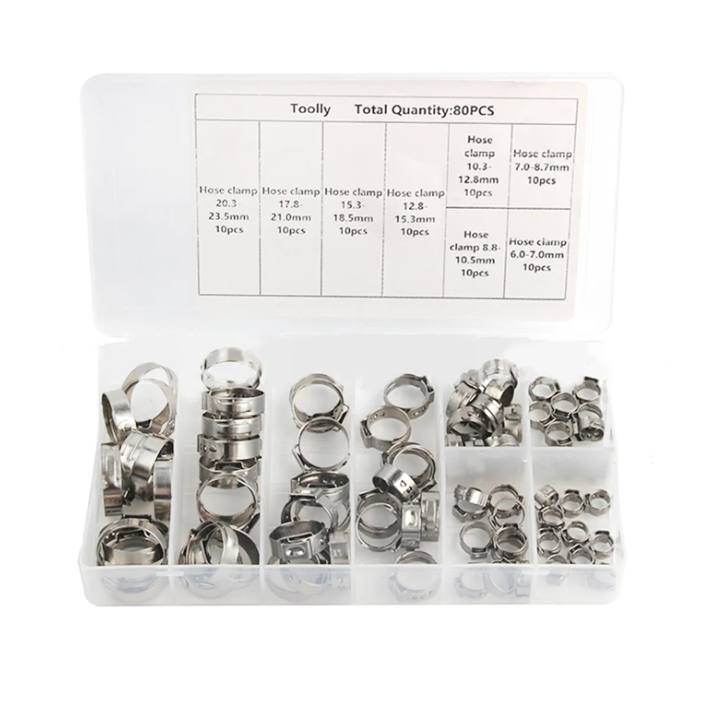 

45/80PCS 304 Stainless Steel Single Ear Stepless Hose Clamps 5.8-23.5mm Hose Clamps Cinch Clamp Rings