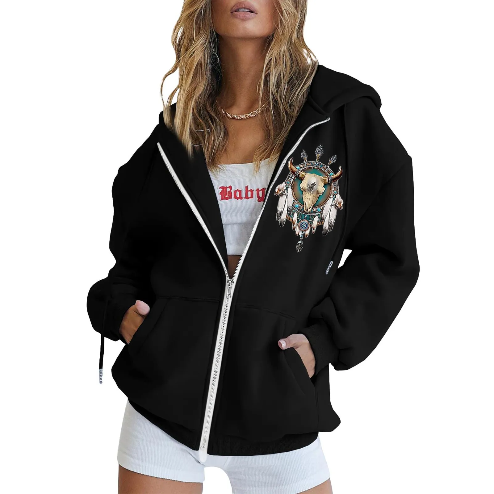 

Womens Casual Print Long Sleeve Zipper Hooded Coat Pocket Sweatshirt Tops Large Hooded Hoodies Women