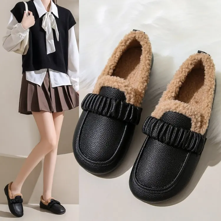 

Мокасины женские с закрытым носком, повседневные кроссовки, лоферы с круглым носком, мягкая меховая обувь без шнуровки, модная Ретро обувь