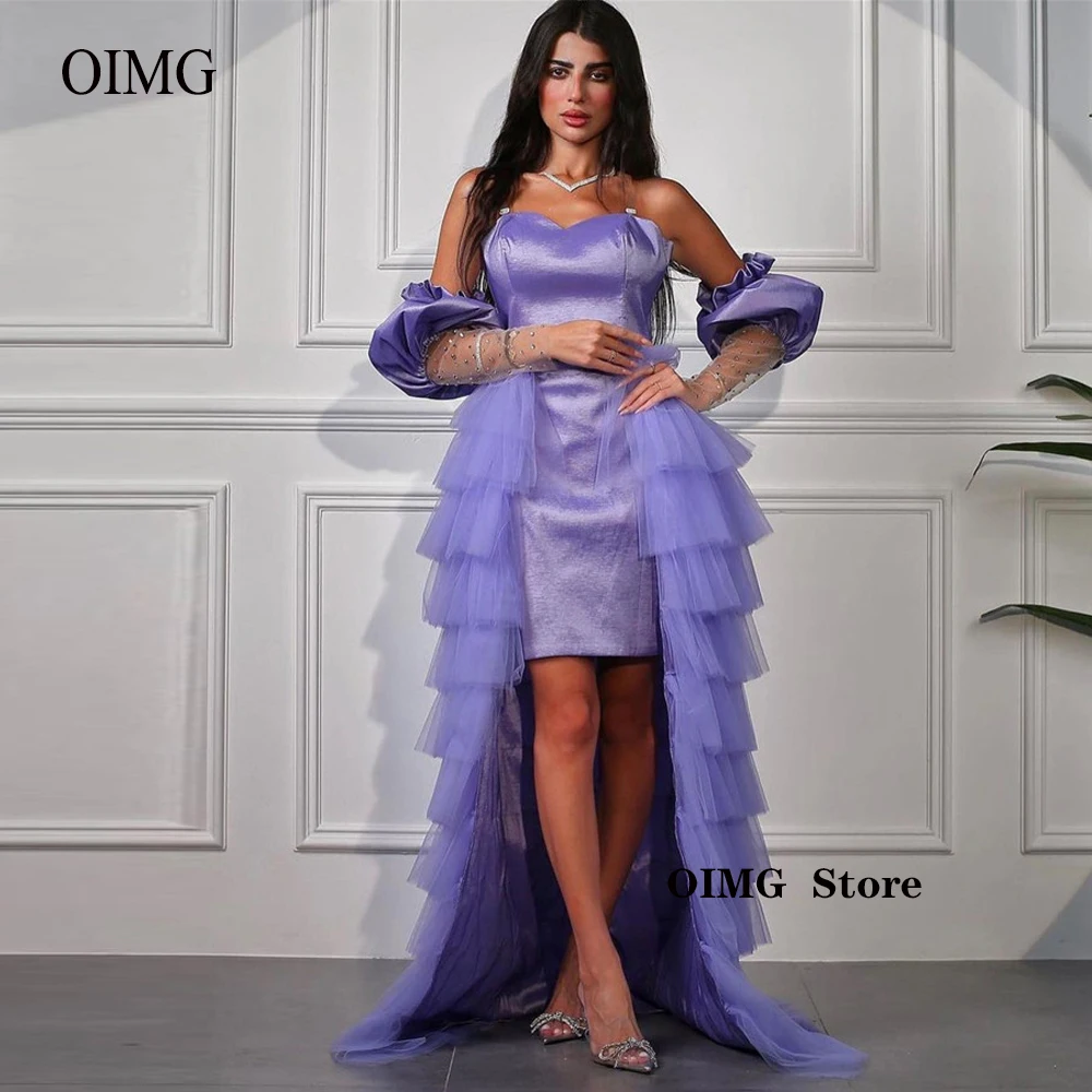 

Lavender Satin Short Prom Evening Dresses Detachable Overskirt Layered Sweetheart Sleeves Beads Arabic Women Formal Gowns